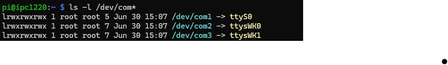 ED-IPC1220 terminal listing the com1, com2, and com3 serial-device aliases